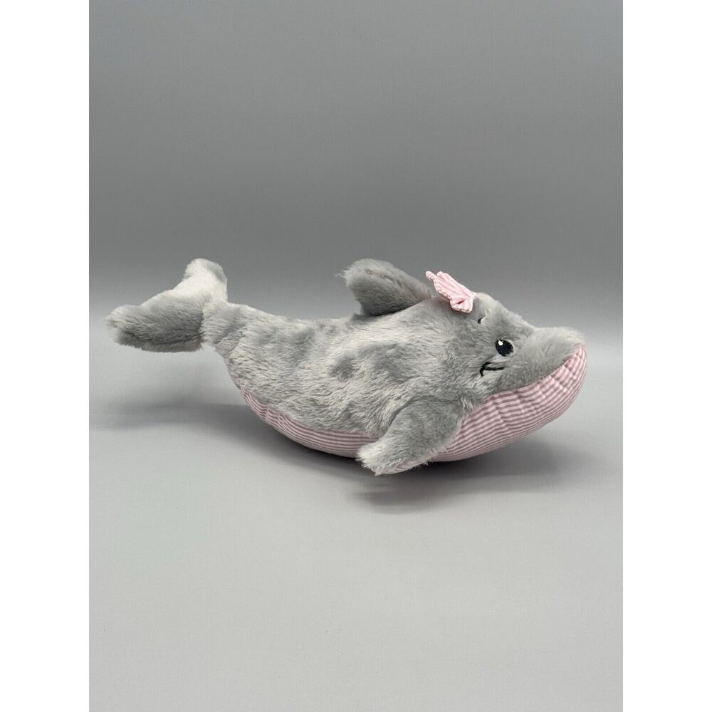 The Preppy Pelican Dolphin Plush 12” Stuffed Animal Lovey Grey Pink Bow Stripes
